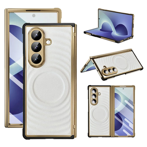 For Samsung Galaxy Z Fold8 Ultra Magnetic Case Leather Coated TPU PC Phone Cover with Tempered Glass Film - White - 1