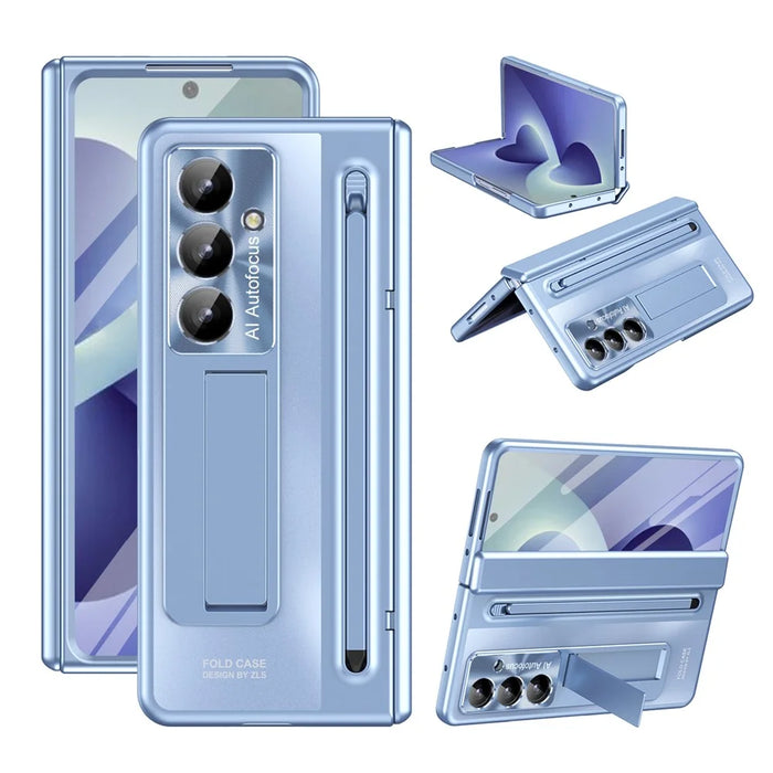 For Samsung Galaxy Z Fold8 Ultra Case Kickstand Hinge PC Phone Cover with Tempered Glass Film, Stylus - Blue - 1