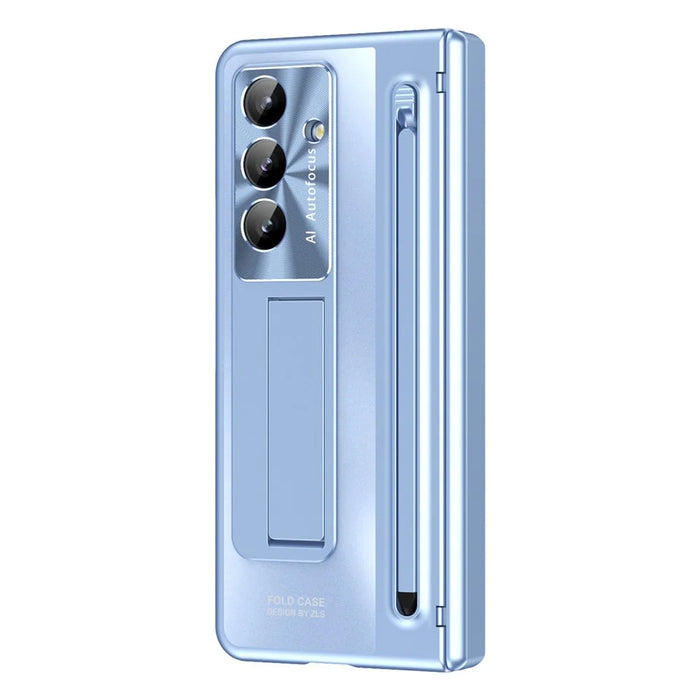 For Samsung Galaxy Z Fold8 Ultra Case Kickstand Hinge PC Phone Cover with Tempered Glass Film, Stylus - Blue - 2