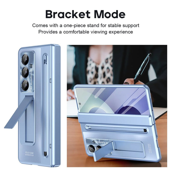 For Samsung Galaxy Z Fold8 Ultra Case Kickstand Hinge PC Phone Cover with Tempered Glass Film, Stylus - Blue - 7