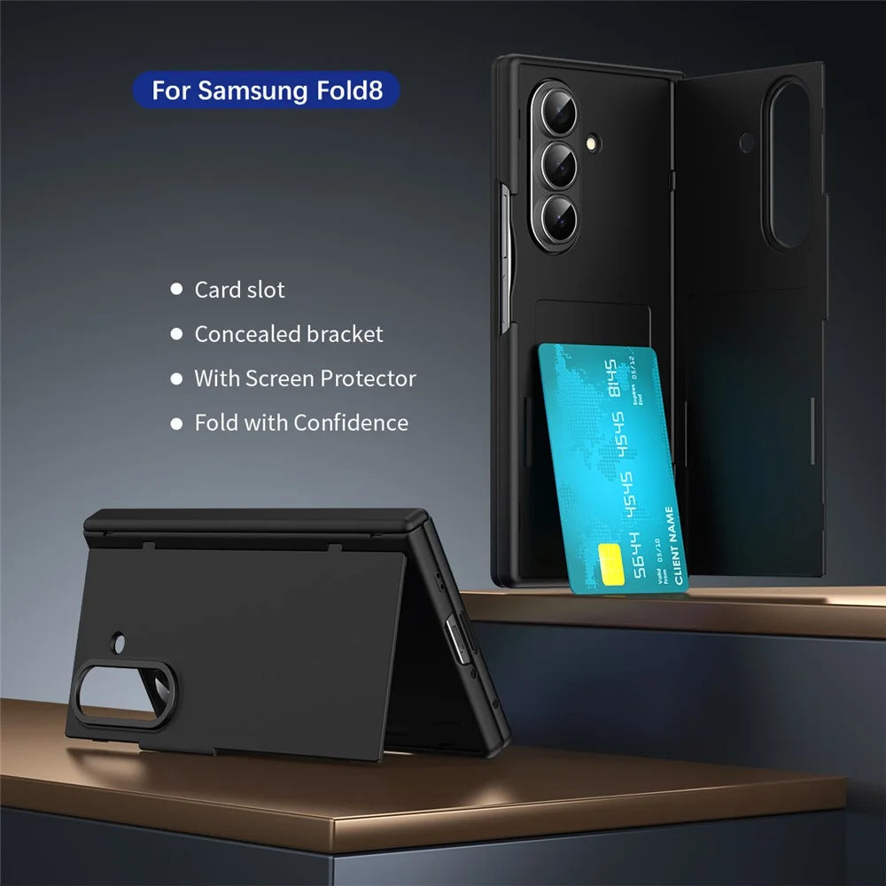 For Samsung Galaxy Z Fold8 Ultra Case with Tempered Glass Film Card Holder Stand Wallet Cover - Black - 3