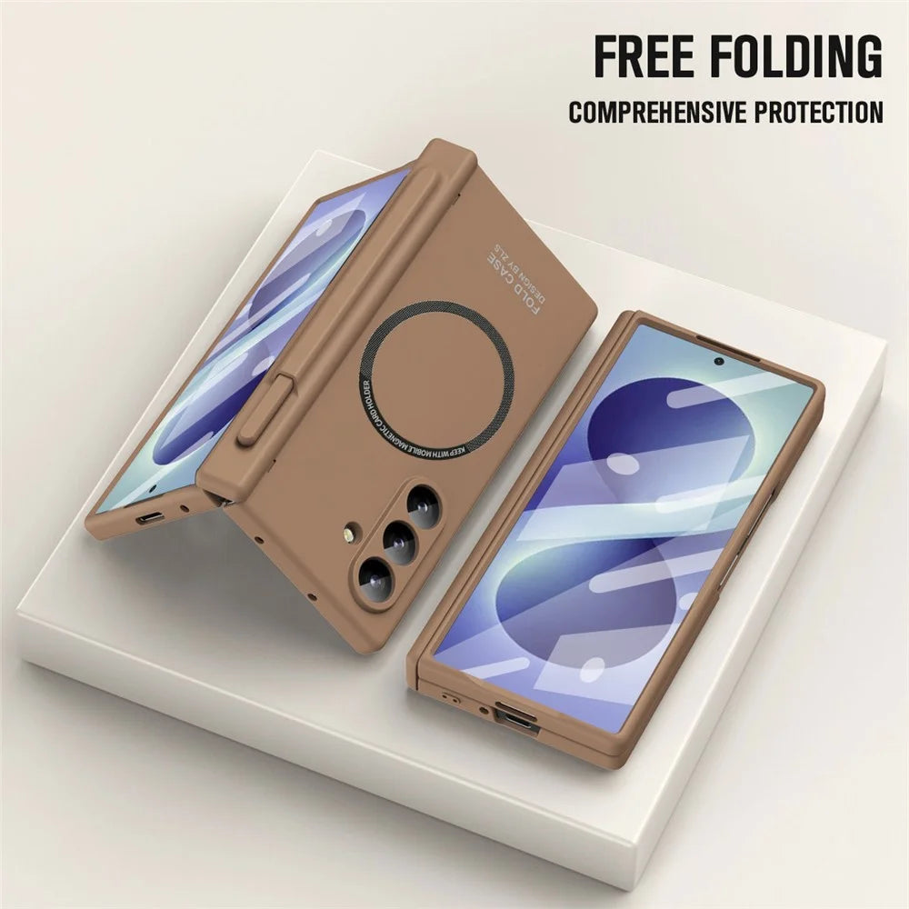 For Samsung Galaxy Z Fold8 Ultra Magnetic Case All-inclusive Shockproof Protective Cover with Tempered Glass Film / Stylus - Caramel - 7