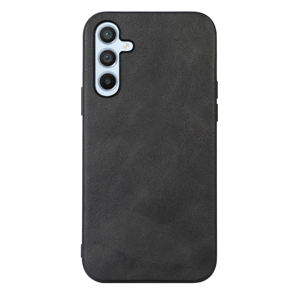 For Samsung Galaxy A54 5G Cowhide Texture PU Leather Coating Phone Case Hard PC Soft TPU Scratch-resistant Phone Back Cover - Black - 1