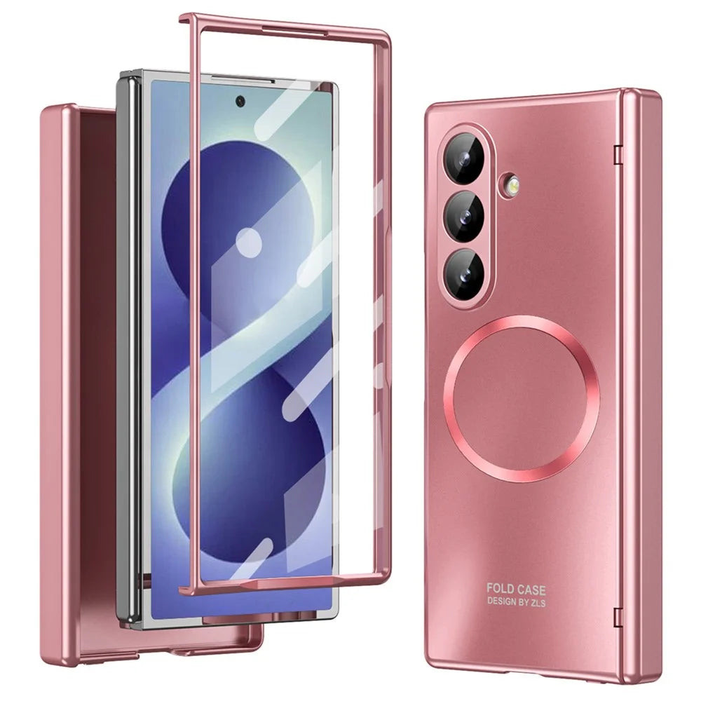 For Samsung Galaxy Z Fold8 Ultra Magnetic Case Electroplated PC Shockproof Protective Cover with Tempered Glass Film - Rose Gold - 1
