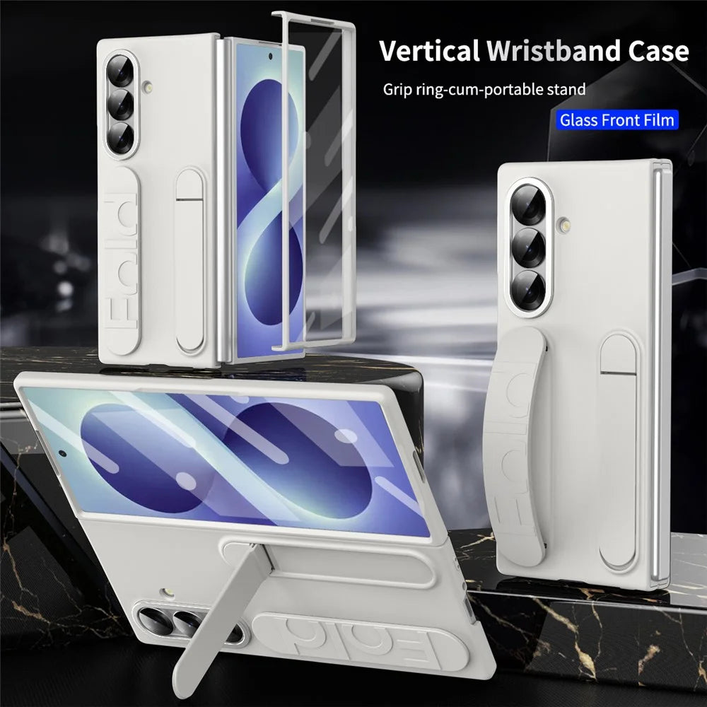 For Samsung Galaxy Z Fold8 Ultra Case Kickstand Wristband PC Phone Cover with Tempered Glass Film - White - 4