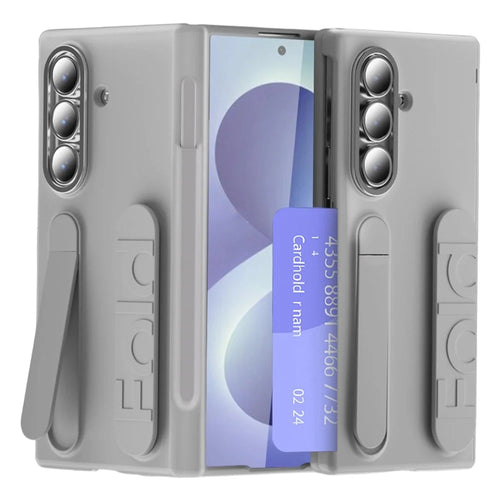 For Samsung Galaxy Z Fold8 Ultra Case Card Slot Kickstand Wristband Hard PC Phone Cover with Tempered Glass Film / Stylus - Grey - 1