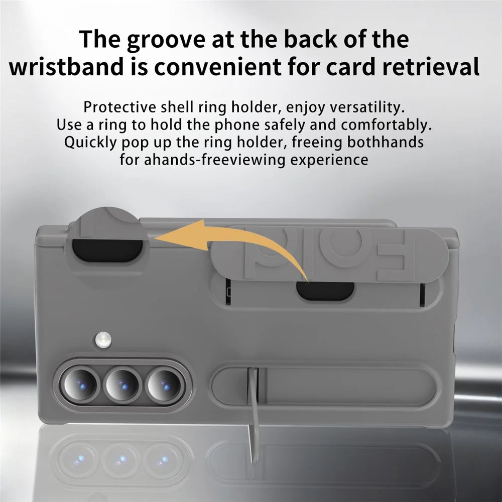 For Samsung Galaxy Z Fold8 Ultra Case Card Slot Kickstand Wristband Hard PC Phone Cover with Tempered Glass Film / Stylus - Grey - 6