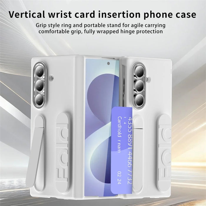 For Samsung Galaxy Z Fold8 Ultra Case Card Slot Kickstand Wristband Hard PC Phone Cover with Tempered Glass Film - Blue - White - 2