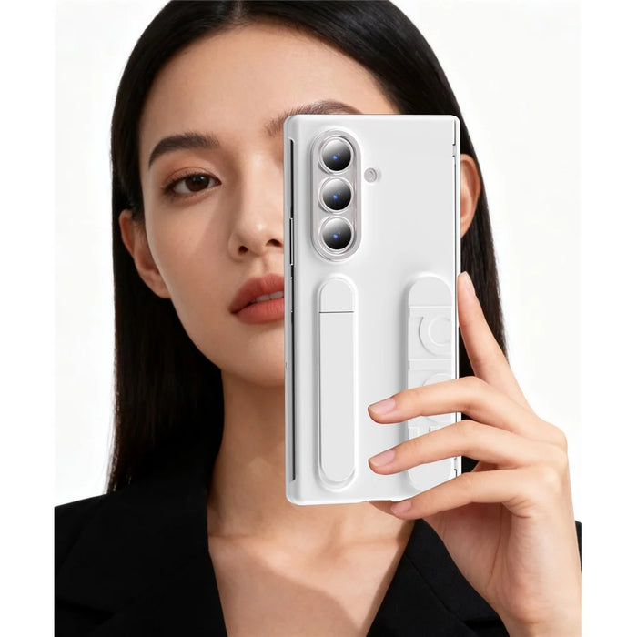 For Samsung Galaxy Z Fold8 Ultra Case Card Slot Kickstand Wristband Hard PC Phone Cover with Tempered Glass Film - Blue - White - 7