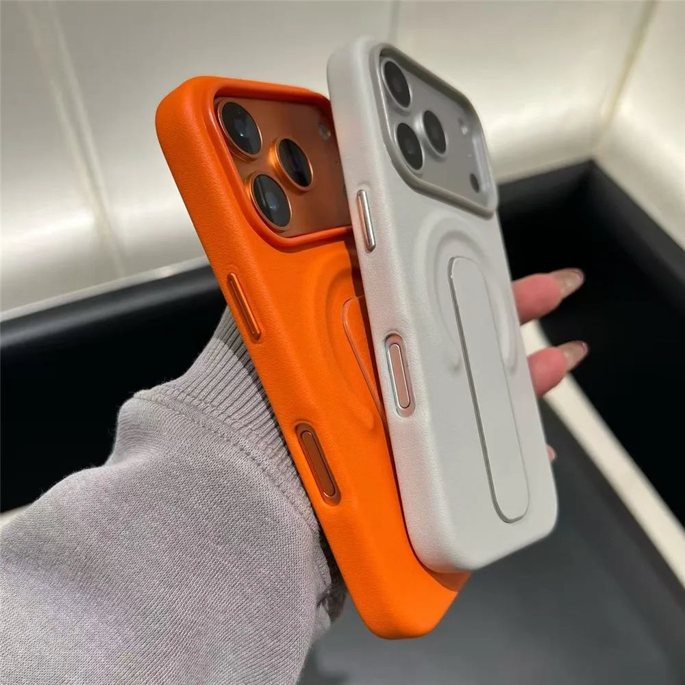 For iPhone 17 Pro Magnetic Case Finger Holder Kickstand PU Leather + PC Phone Cover - Orange - 3