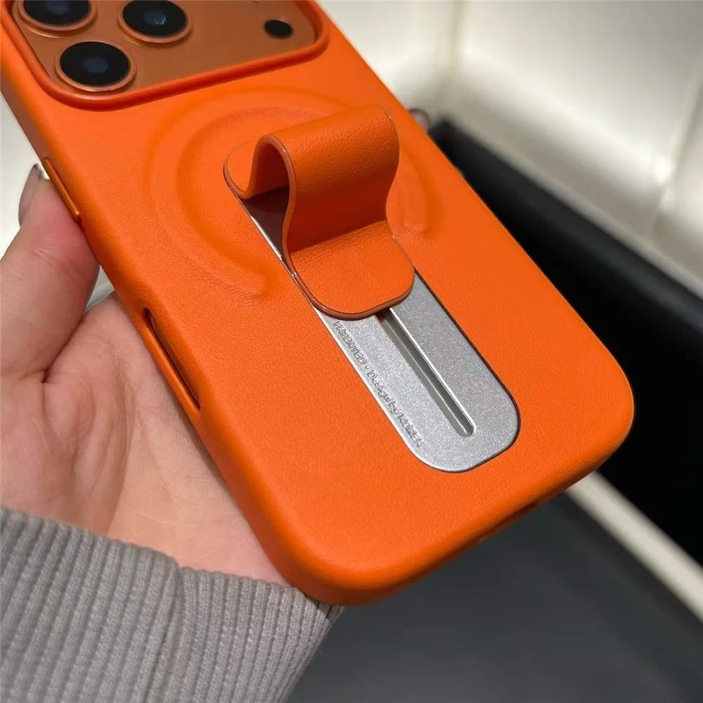 For iPhone 17 Pro Magnetic Case Finger Holder Kickstand PU Leather + PC Phone Cover - Orange - 7