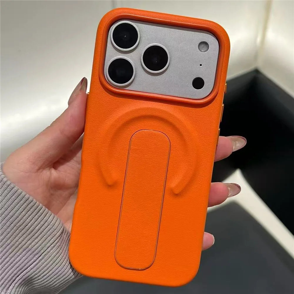 For iPhone 17 Pro Max Magnetic Case Finger Holder Kickstand PU Leather + PC Phone Cover - Orange - 1