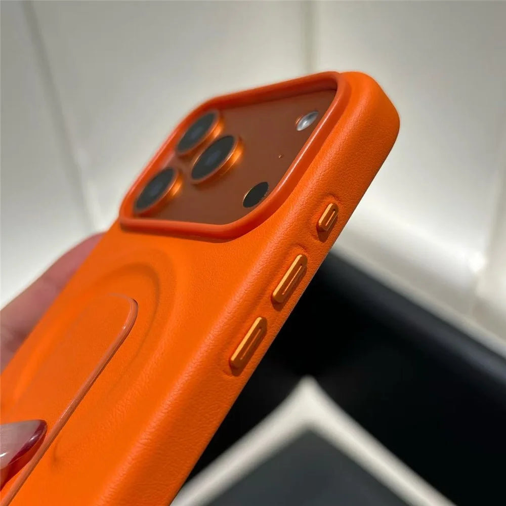 For iPhone 17 Pro Max Magnetic Case Finger Holder Kickstand PU Leather + PC Phone Cover - Orange - 6