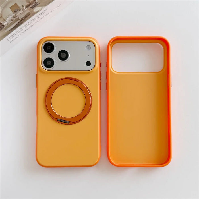 For iPhone 17 Pro Max Magnetic Case 2-in-1 Dual Color Shockproof Cover with 360° Rotating Ring Kickstand - Orange - 1