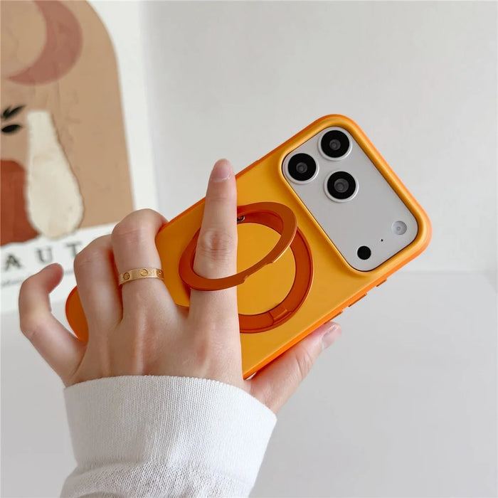 For iPhone 17 Pro Max Magnetic Case 2-in-1 Dual Color Shockproof Cover with 360° Rotating Ring Kickstand - Orange - 6