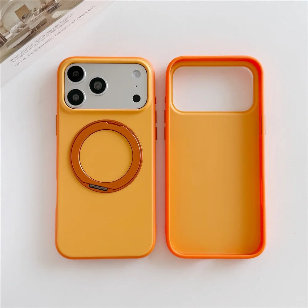 For iPhone 17 Pro Magnetic Case 2-in-1 Dual Color Shockproof Cover with 360° Rotating Ring Kickstand - Orange - 1
