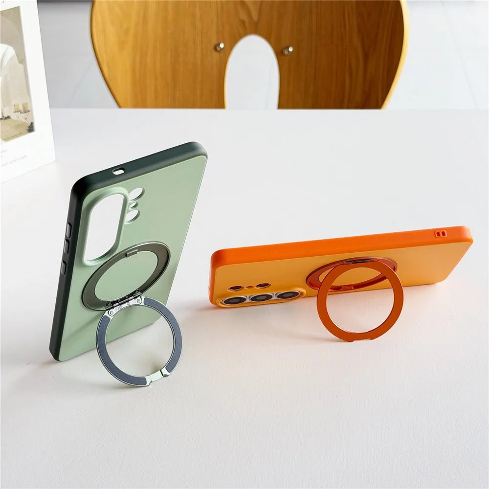 For Samsung Galaxy S25 Ultra Magnetic Case 2-in-1 Dual Color Shockproof Cover with 360° Rotating Ring Kickstand - Orange - 4