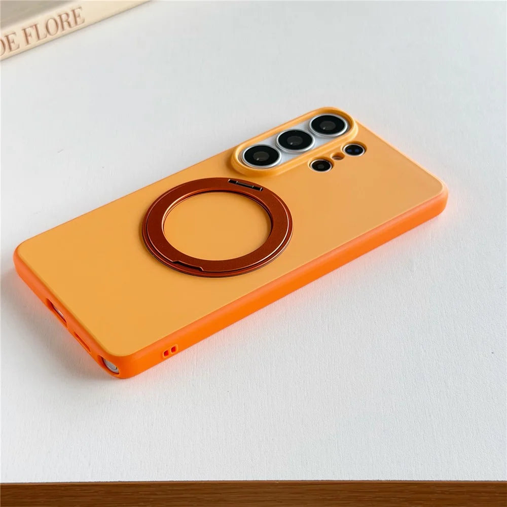 For Samsung Galaxy S25 Ultra Magnetic Case 2-in-1 Dual Color Shockproof Cover with 360° Rotating Ring Kickstand - Orange - 7