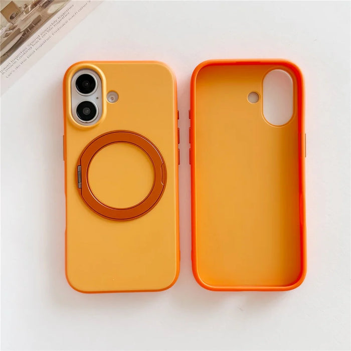 For iPhone 16 Magnetic Case 2-in-1 Dual Color Shockproof Cover with 360° Rotating Ring Kickstand - Orange - 1