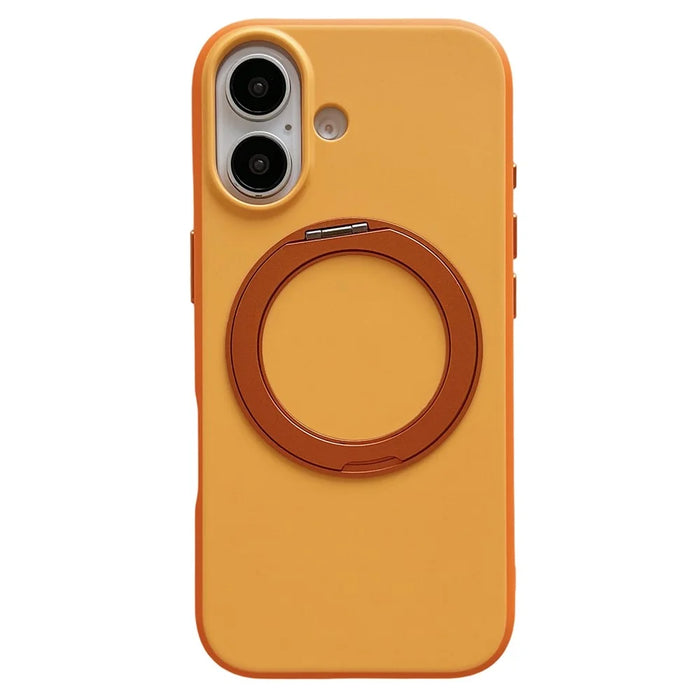 For iPhone 16 Magnetic Case 2-in-1 Dual Color Shockproof Cover with 360° Rotating Ring Kickstand - Orange - 2