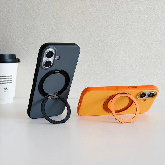For iPhone 16 Magnetic Case 2-in-1 Dual Color Shockproof Cover with 360° Rotating Ring Kickstand - Orange - 4