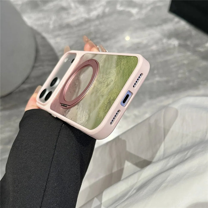 For iPhone 17 Pro Case Magnetic Rotating Kickstand Glacier Texture PC + TPU Phone Cover - Pink Green - 4