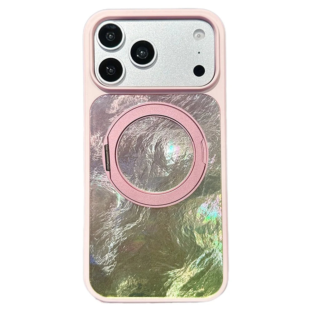 For iPhone 17 Pro Max Case Magnetic Rotating Kickstand Glacier Texture PC + TPU Phone Cover - Pink Green - 1