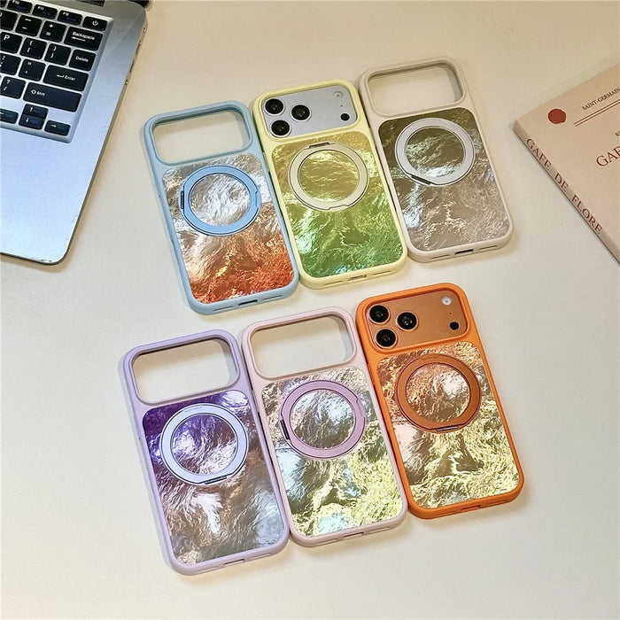 For iPhone 17 Pro Max Case Magnetic Rotating Kickstand Glacier Texture PC + TPU Phone Cover - Pink Green - 6