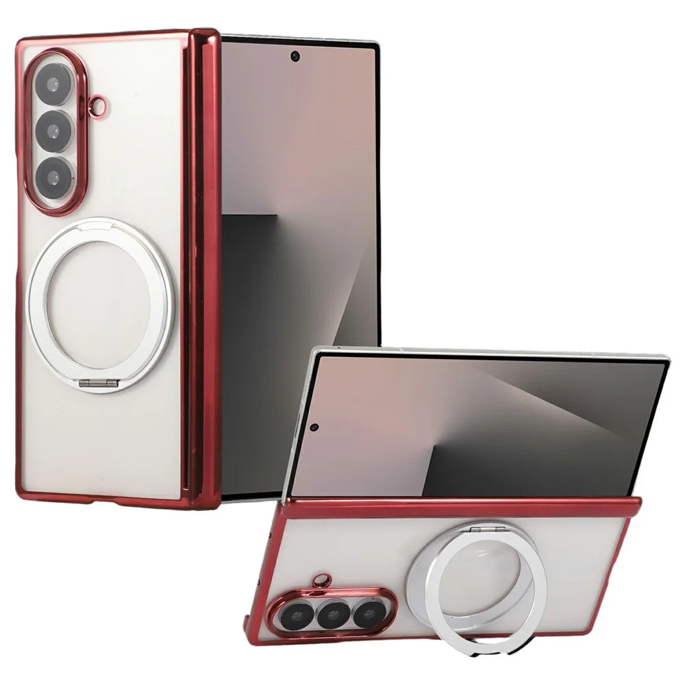For Samsung Galaxy Z Fold7 5G Case Magnetic Rotating Kickstand Clear PC Phone Cover - Red - 1