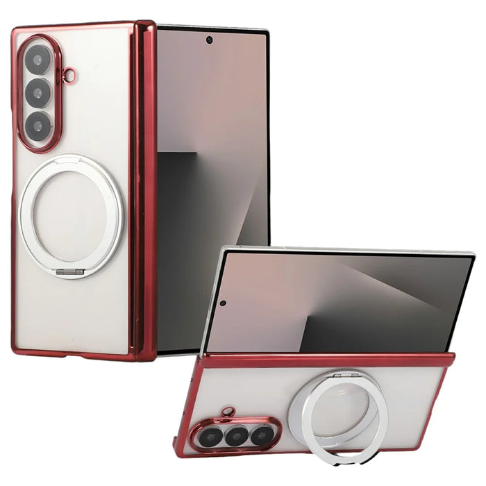 For Samsung Galaxy Z Fold7 5G Case Magnetic Rotating Kickstand Clear PC Phone Cover - Red - 1