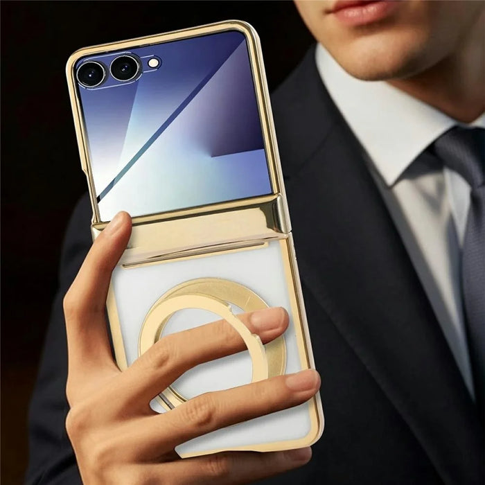 For Samsung Galaxy Z Flip7 5G Case Magnetic Rotating Kickstand Clear PC Phone Cover - Gold - 3