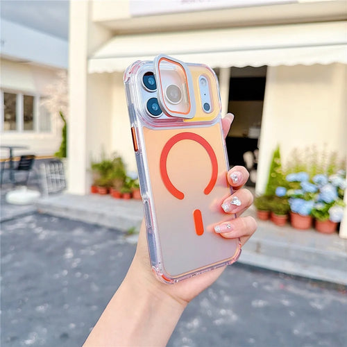 For iPhone 17 Pro Max Magnetic Case Four Corner Drop Protection TPU + Acrylic Gradient Phone Cover with Lens Film Kickstand - Orange - 1