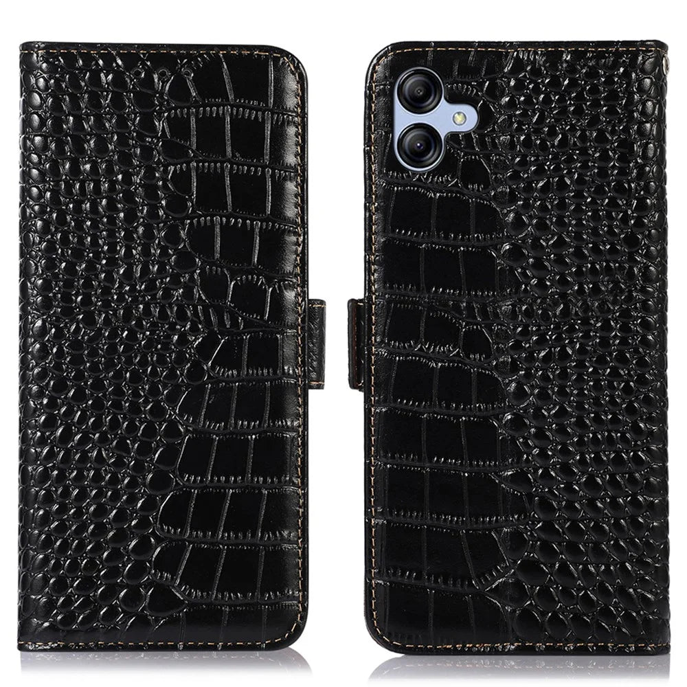 For Samsung Galaxy A04e 4G / F04 4G / M04 4G RFID Blocking Flip Phone Wallet Case Crocodile Texture Genuine Cowhide Leather Stand Drop-proof Phone Cover - Black - 1