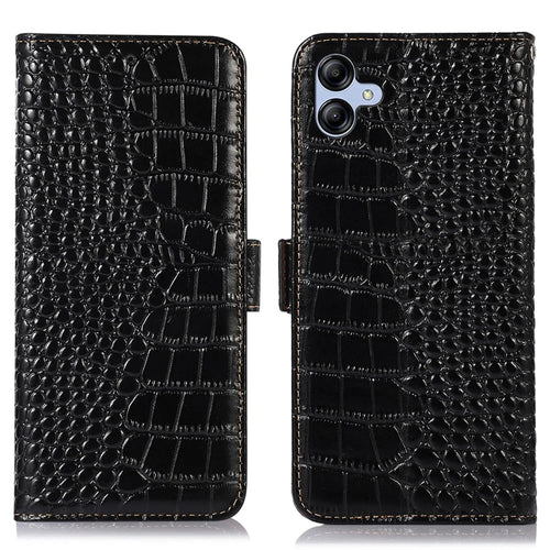 For Samsung Galaxy A04e 4G / F04 4G / M04 4G RFID Blocking Flip Phone Wallet Case Crocodile Texture Genuine Cowhide Leather Stand Drop-proof Phone Cover - Black - 1