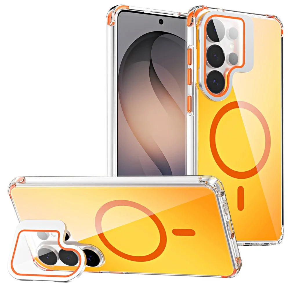 For Samsung Galaxy S26 Ultra Magnetic Case Four Corner Drop Protection TPU + Acrylic Gradient Phone Cover with Lens Film Kickstand - Orange - 1