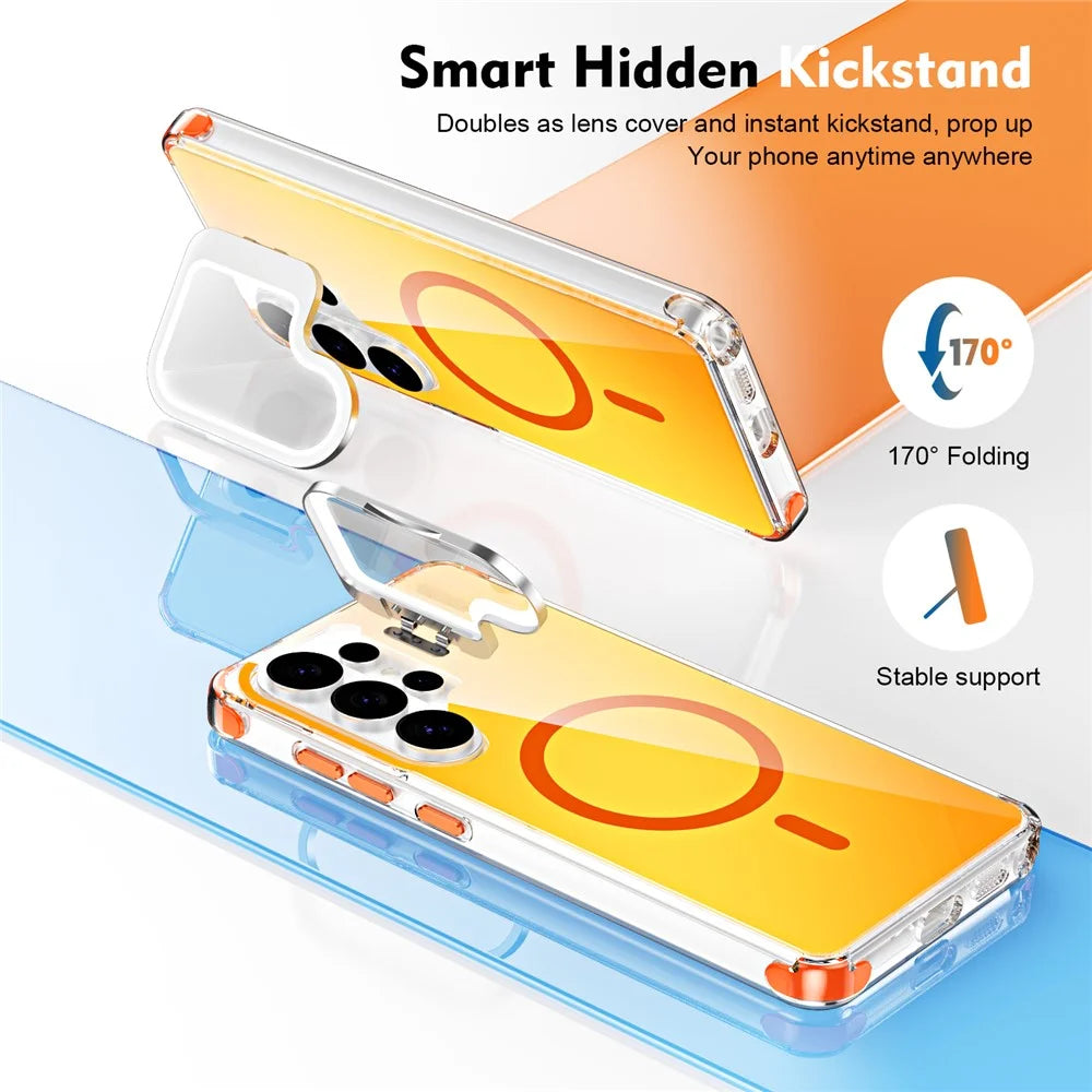 For Samsung Galaxy S26 Ultra Magnetic Case Four Corner Drop Protection TPU + Acrylic Gradient Phone Cover with Lens Film Kickstand - Orange - 4