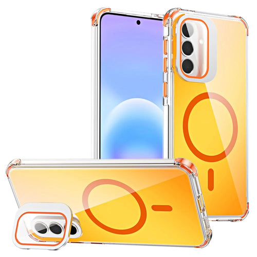For Samsung Galaxy A57 5G Magnetic Case Four Corner Drop Protection TPU + Acrylic Gradient Phone Cover with Lens Film Kickstand - Orange - 1