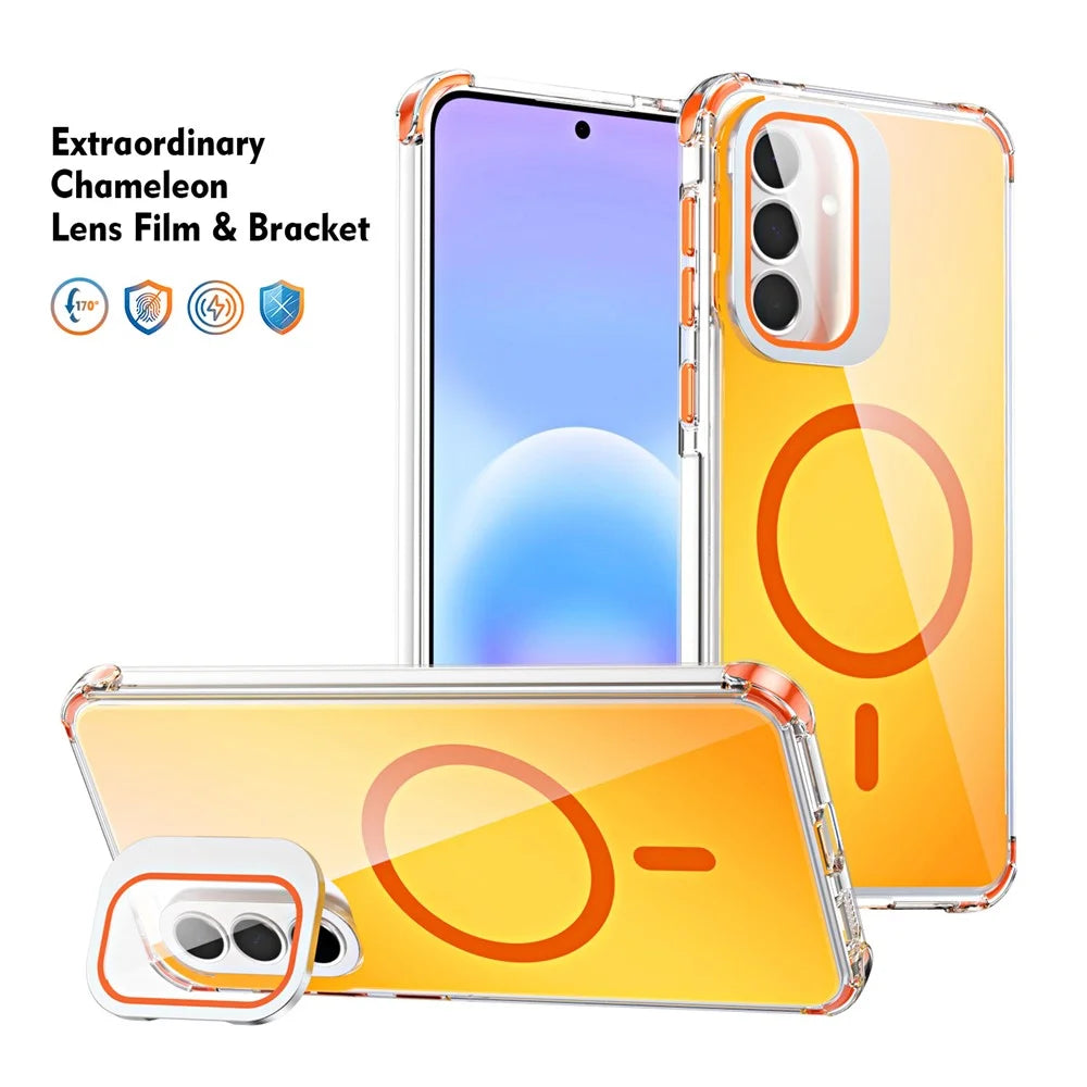 For Samsung Galaxy A57 5G Magnetic Case Four Corner Drop Protection TPU + Acrylic Gradient Phone Cover with Lens Film Kickstand - Orange - 2