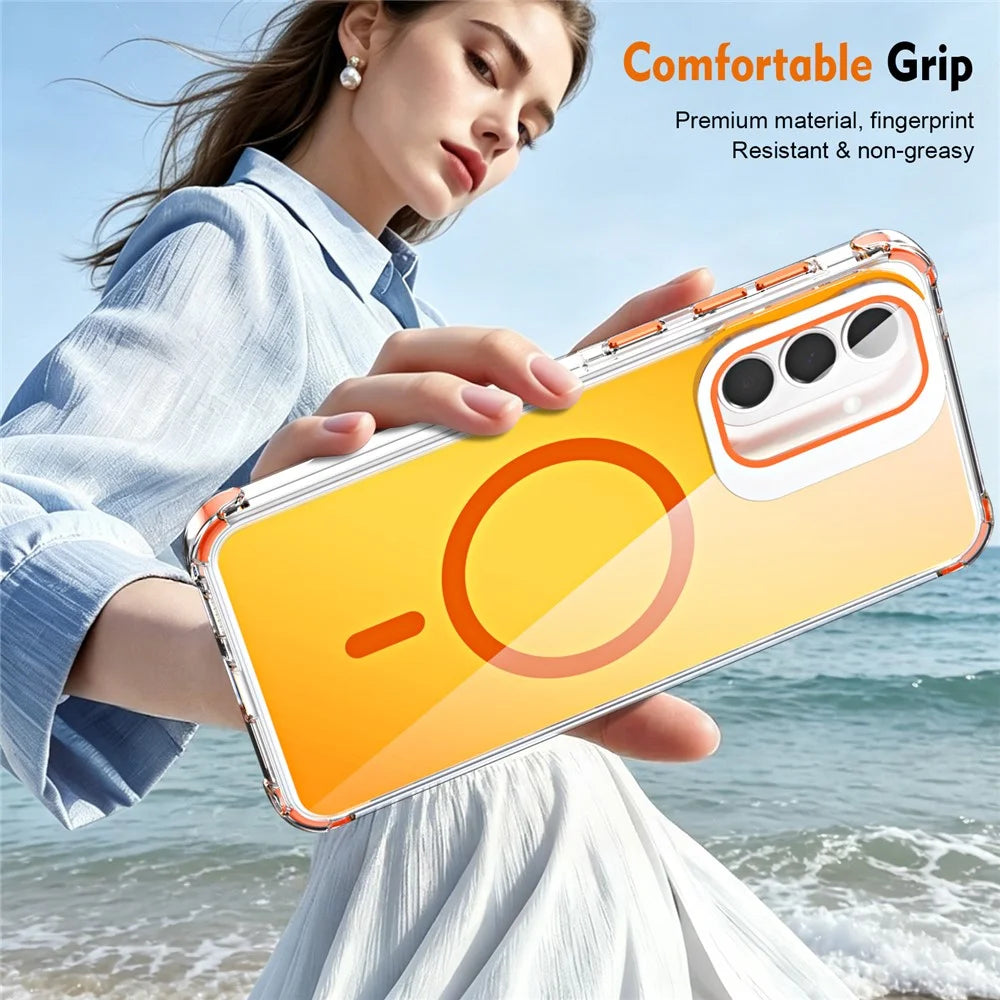 For Samsung Galaxy A57 5G Magnetic Case Four Corner Drop Protection TPU + Acrylic Gradient Phone Cover with Lens Film Kickstand - Orange - 3