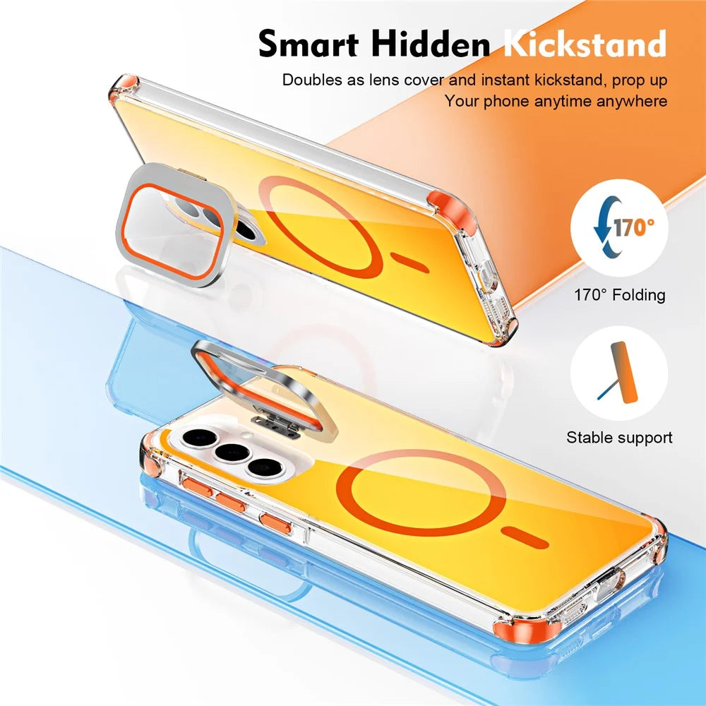 For Samsung Galaxy A57 5G Magnetic Case Four Corner Drop Protection TPU + Acrylic Gradient Phone Cover with Lens Film Kickstand - Orange - 4