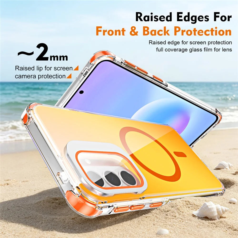 For Samsung Galaxy A57 5G Magnetic Case Four Corner Drop Protection TPU + Acrylic Gradient Phone Cover with Lens Film Kickstand - Orange - 6