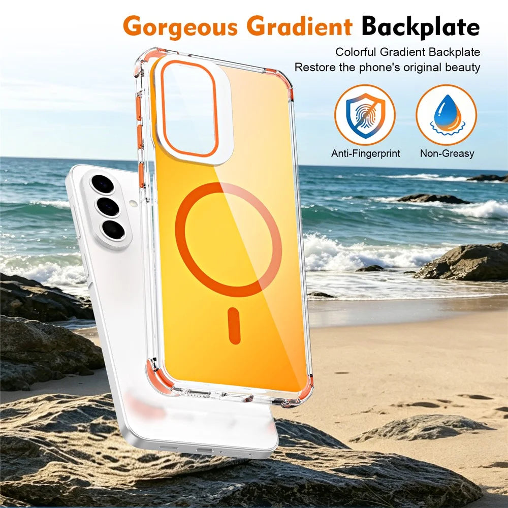 For Samsung Galaxy A57 5G Magnetic Case Four Corner Drop Protection TPU + Acrylic Gradient Phone Cover with Lens Film Kickstand - Orange - 7