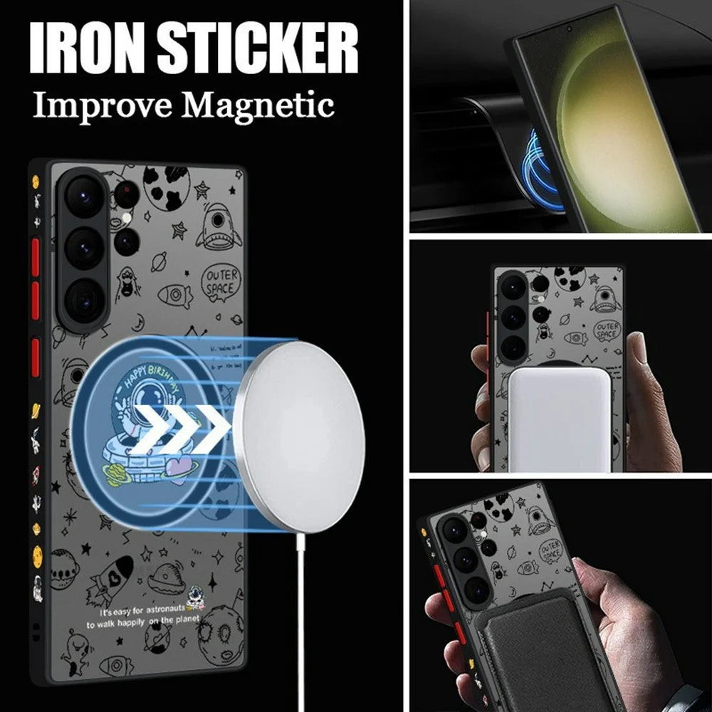 For Samsung Galaxy S25 Ultra Magnetic Case Astronaut Pattern Shockproof PC + TPU Phone Cover - A241 / UFO Astronaut - 3