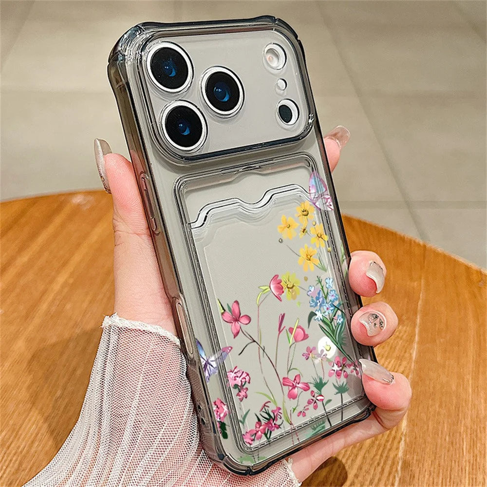 For iPhone 17 Pro Case Floral Pattern Transparent TPU Soft Protective Back Cover with Card Holder - Grey  /  A911 - 1