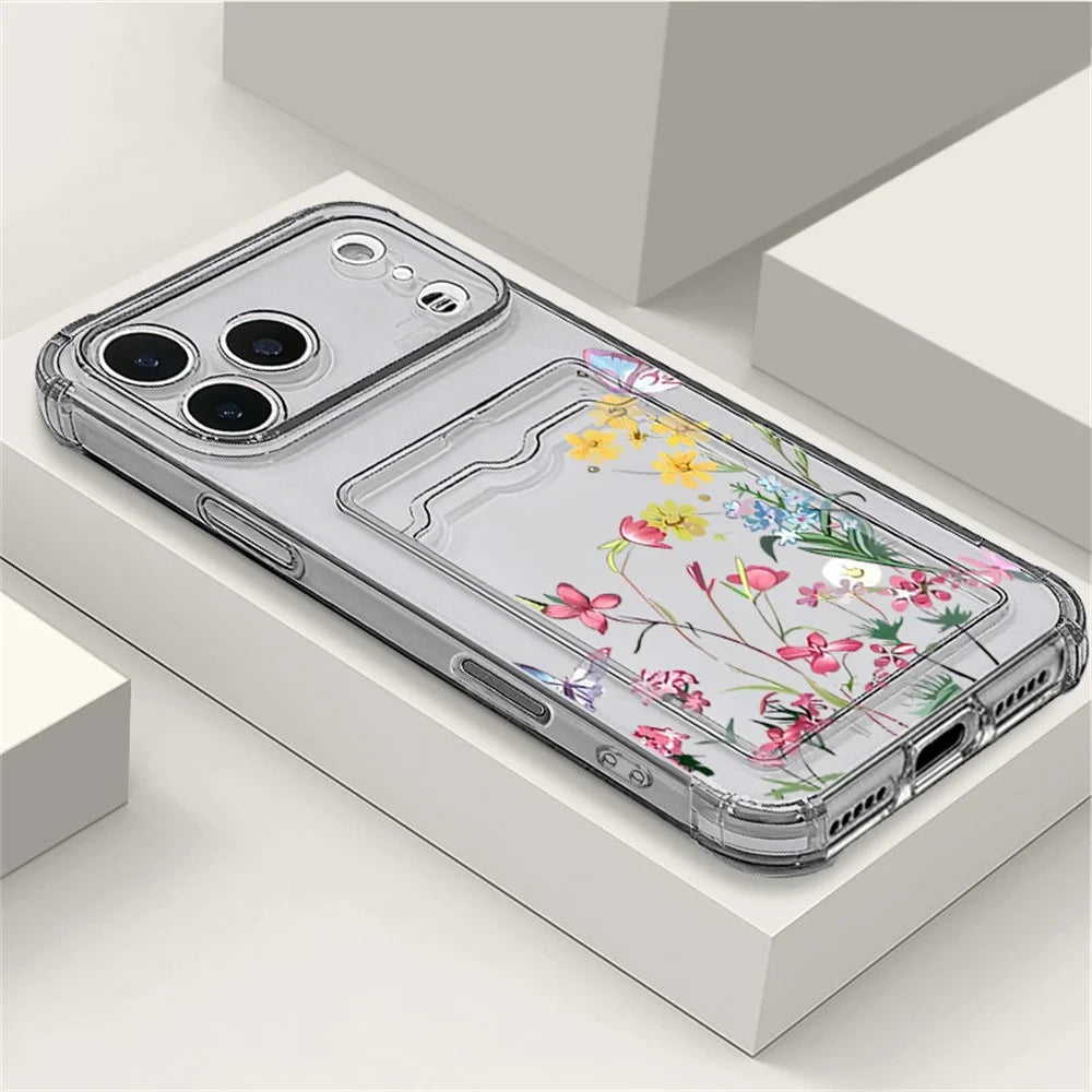 For iPhone 17 Pro Case Floral Pattern Transparent TPU Soft Protective Back Cover with Card Holder - Grey  /  A911 - 2