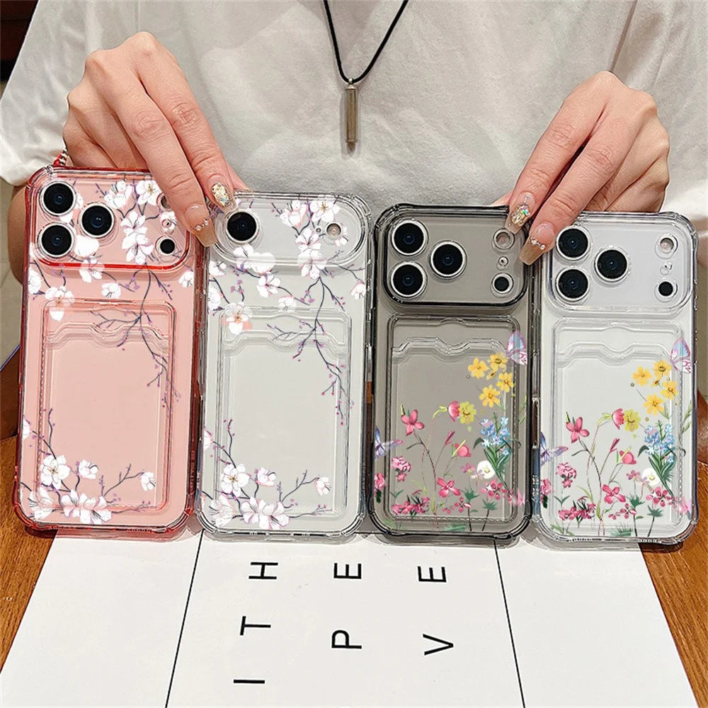 For iPhone 17 Pro Case Floral Pattern Transparent TPU Soft Protective Back Cover with Card Holder - Grey  /  A911 - 5
