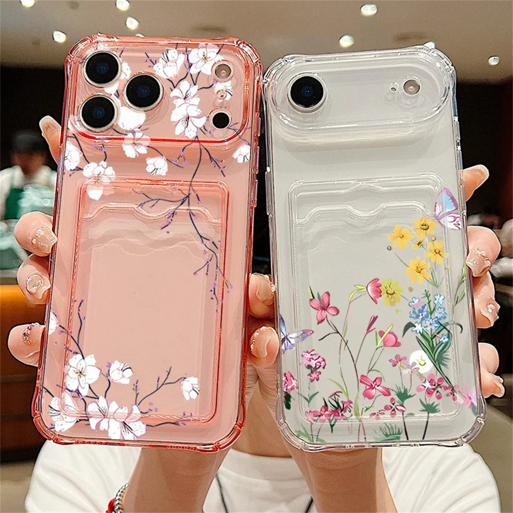 For iPhone 17 Pro Max Case Floral Pattern Transparent TPU Soft Protective Back Cover with Card Holder - Grey / A911 - 3