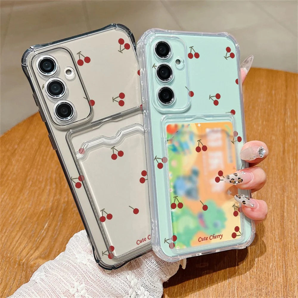 For Samsung Galaxy S26 Case Cherry Pattern Clear TPU Protective Phone Cover with Card Holder - A730G - 2