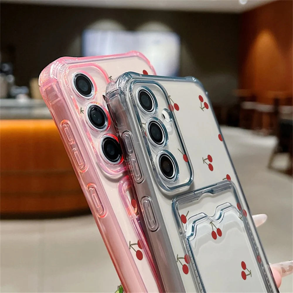 For Samsung Galaxy S26 Case Cherry Pattern Clear TPU Protective Phone Cover with Card Holder - A730G - 3