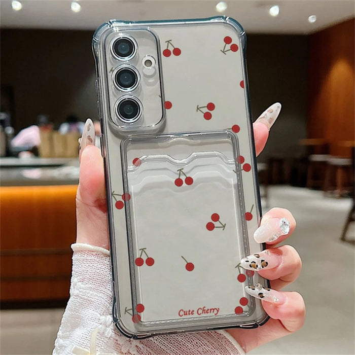 For Samsung Galaxy S26+ Case Cherry Pattern Clear TPU Protective Phone Cover with Card Holder - A730G - 1